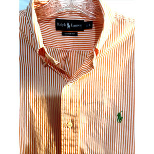 Ralph Lauren Shirt Orange White Striped Buttons Custom Fit Long Sleeve Men’s L